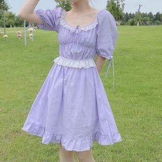 Lace-trim Tie-waist A-line Dress Purple Dress - One Size