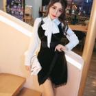 Set: Bow Accent Blouse + Lace Trim Spaghetti Strap Dress