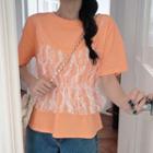 Mock Two-piece Short-sleeve Lace Panel T-shirt