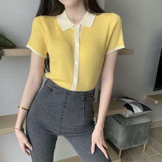 Contrast Collar Short-sleeve Knit Cardigan