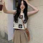 Sleeveless Crochet Knit Top / Pleated Mini A-line Skirt