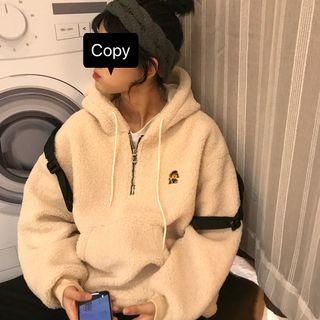 Drawstring Embroidered Fleece Oversized Hoodie Beige - One Size