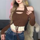 Cold-shoulder Lace-up Tassel Crop Knit Top