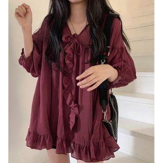 Puff-sleeve Ruffled Drawstring A-line Dress Dark Red - One Size