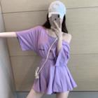 Set: Lettering Open Back Elbow-sleeve T-shirt + Shorts