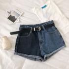 Color-block Roll-up High-waist Denim Shorts With Belt