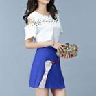 Set: Crochet Trim Cut Out Shoulder Short Sleeve T-shirt + Applique Mini Skirt