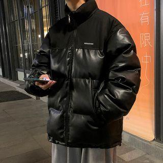 Padded Faux Leather Zip-up Coat