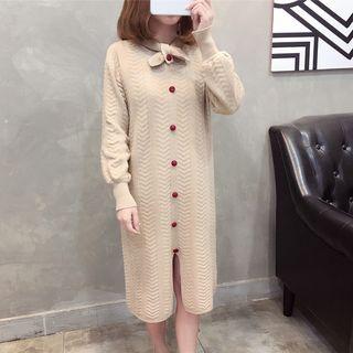 Front-slit Tie-neck Long-sleeve Midi Knit Dress