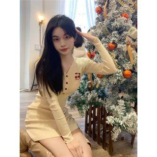 Long-sleeve Cherry Embroidered Mini Sheath Dress Almond - One Size