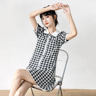 Short-sleeve Checked Knit A-line Mini Shirtdress