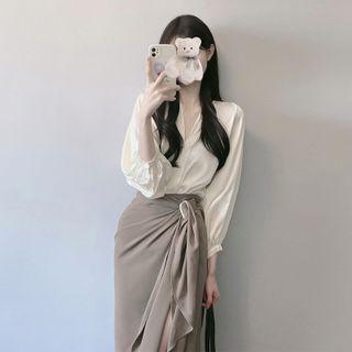 V-neck Blouse / Asymmetrical Pencil Skirt / Set