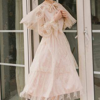 Set: Lace Long-sleeve Midi A-line Dress + Lace-up Cape