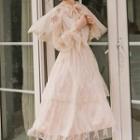 Set: Lace Long-sleeve Midi A-line Dress + Lace-up Cape