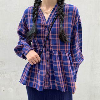 Long-sleeve Plaid Shirt / Ruffle Trim Split Hem Skirt