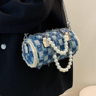 Checkerboard Denim Barrel Crossbody Bag Blue - One Size