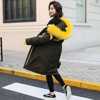 Furry-trim Lettering Zip Hooded Parka