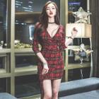 3/4-sleeve Asymmetric Plaid Bodycon Dress