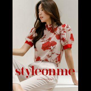 Puff-sleeve Frill-neck Floral Blouse