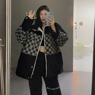 Checkered Panel Fleece-lined Button-up Jacket