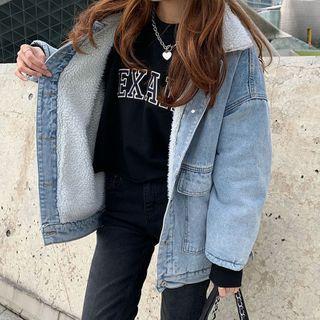 Fleece-lined Lambwool Denim Jacket Blue - One Size