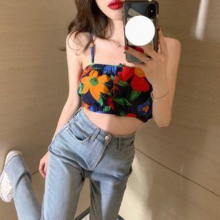 Flower-print Button-up Crop Top / Light Cardigan