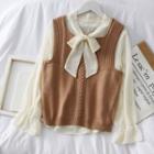 Set: Ribbon-neckline Chiffon Top + Square-neck Knit Vest