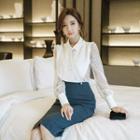 Set: Long-sleeve Lace Panel Top + A-line Midi Skirt