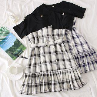 Mock Two-piece Double-breasted Plaid Mini Dress With Belt