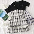 Mock Two-piece Double-breasted Plaid Mini Dress With Belt