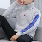 Heart Appliqued Turtleneck Two-tone Sweater