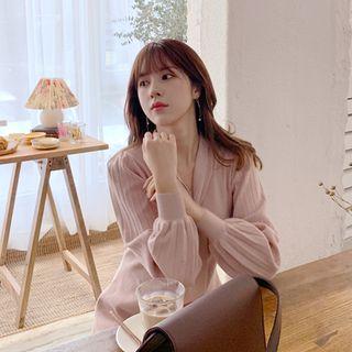 Tie-neck Pleated-sleeve Mini Knit Dress Pink - One Size