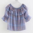 Ruffle Trim Plaid Short-sleeve Top As Shown In Figure - One Size
