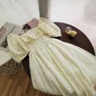 Flower Print Puff-sleeve Mini A-line Dress Almond - One Size