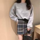 Lettering Sweatshirt / Plaid Mini Skirt