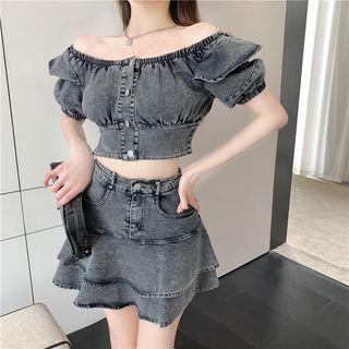Short-sleeve Off-shoulder Denim Cropped Top / High-waist Denim Mini Skirt