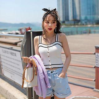 Contrast-trim Buttoned Rib-knit Top