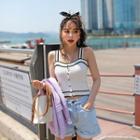 Contrast-trim Buttoned Rib-knit Top