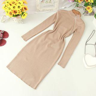 Zip Detail Long-sleeve Knit Sheath Dress