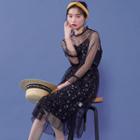 Set: Mesh Long-sleeve Top + Floral Print Strappy Midi Dress