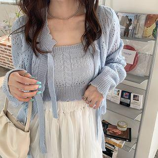 Perforated Bow-accent Cardigan / Knit Camisole Top