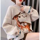 Mock-neck Reindeer Print Sweater