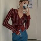 V-neck Striped Cropped Knit Cardigan / High Waist Jeans