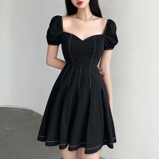 Puff-sleeve Contrast Stitching Mini A-line Dress