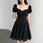 Puff-sleeve Contrast Stitching Mini A-line Dress