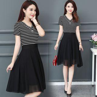 V-neck Striped Panel Short Sleeve A-line Dress