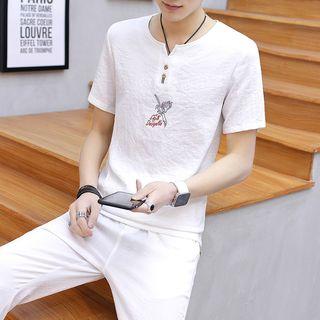 Set: Embroidered Short-sleeve T-shirt + Slim-fit Pants