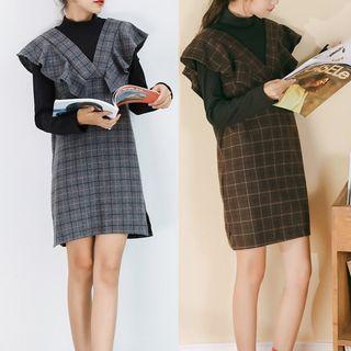 Mock Two-piece V-neck Checked Dress