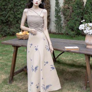 Set: Spaghetti Strap Floral Print Maxi A-line Dress + Light Jacket