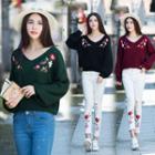 V-neck Embroidered Chunky Knit Sweater